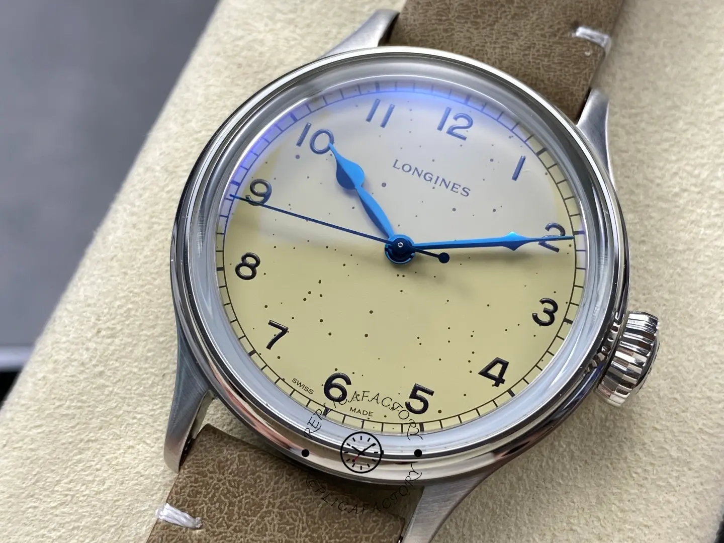 Longines L2.819.4.93.2 Heritage Military 38.5mm Steel Replica Beige Suede