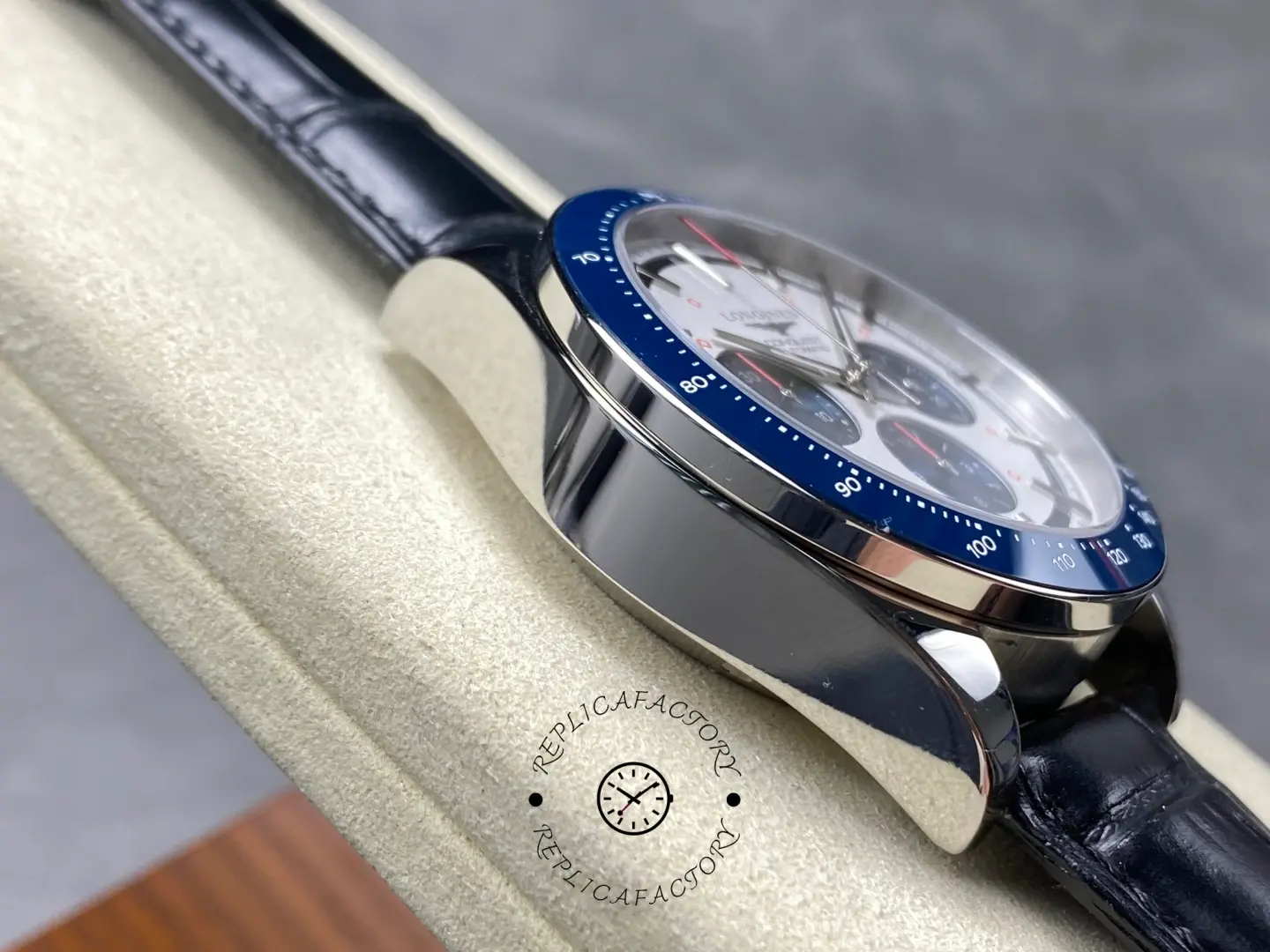 Longines L3.835.4.98.9 Conquest Leather Strap Replica Blue Bezel Chronograph