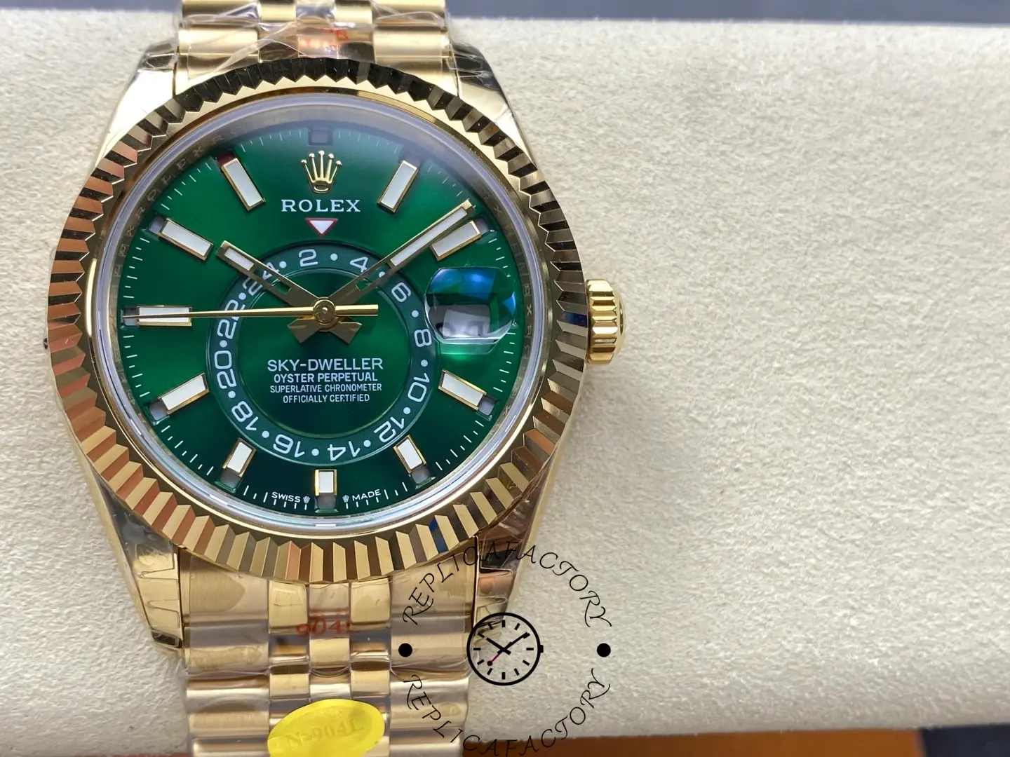 Close-up of the Rolex Sky-Dweller m336938-0008 dial with annual calendar ring and date magnifier.