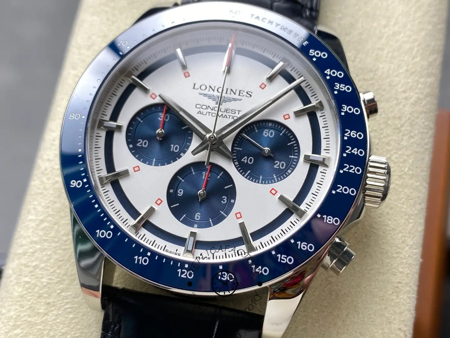 Longines L3.835.4.98.9 Conquest Leather Strap Replica Blue Bezel Chronograph
