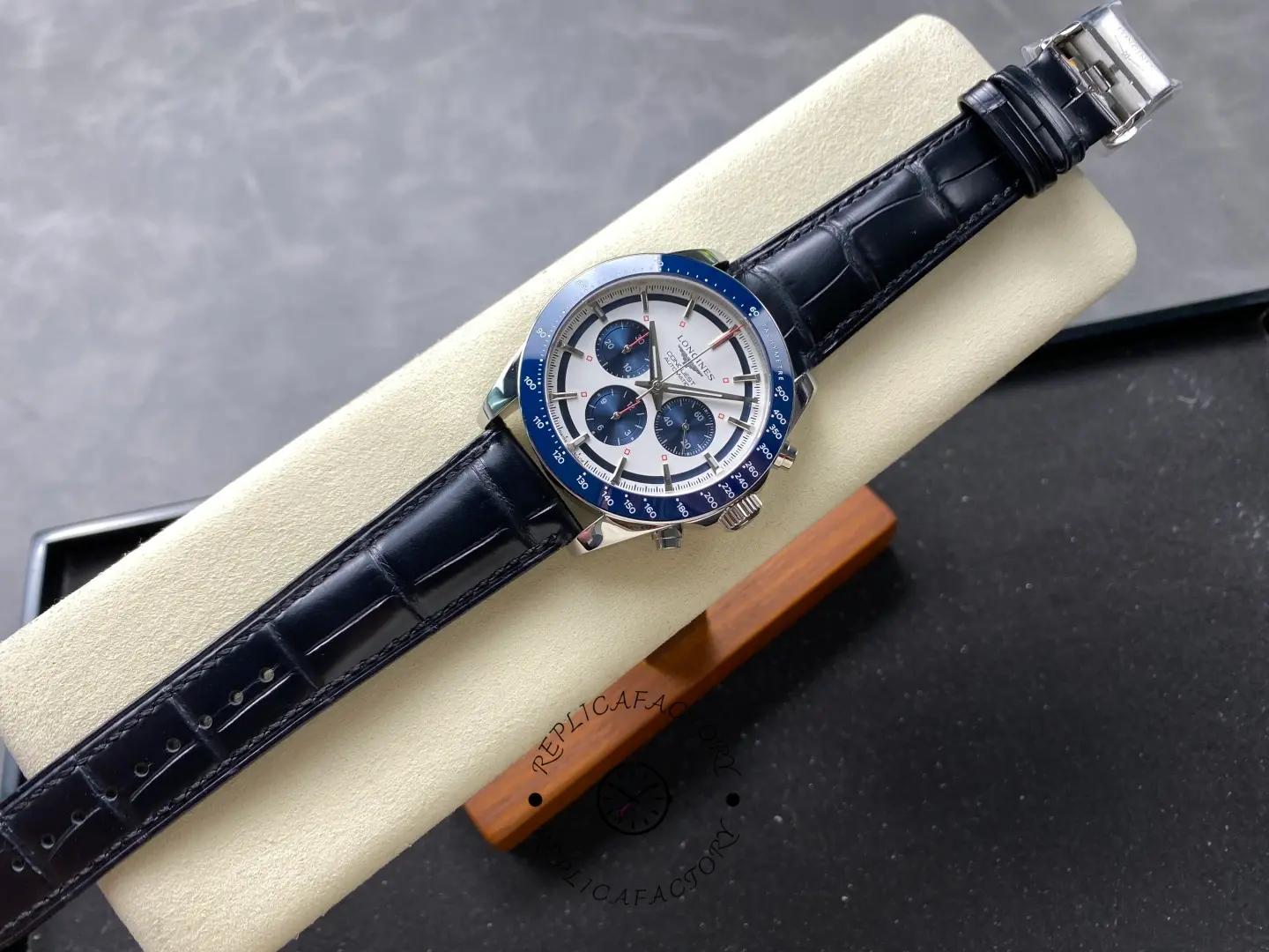 Longines L3.835.4.98.9 Conquest Leather Strap Replica Blue Bezel Chronograph