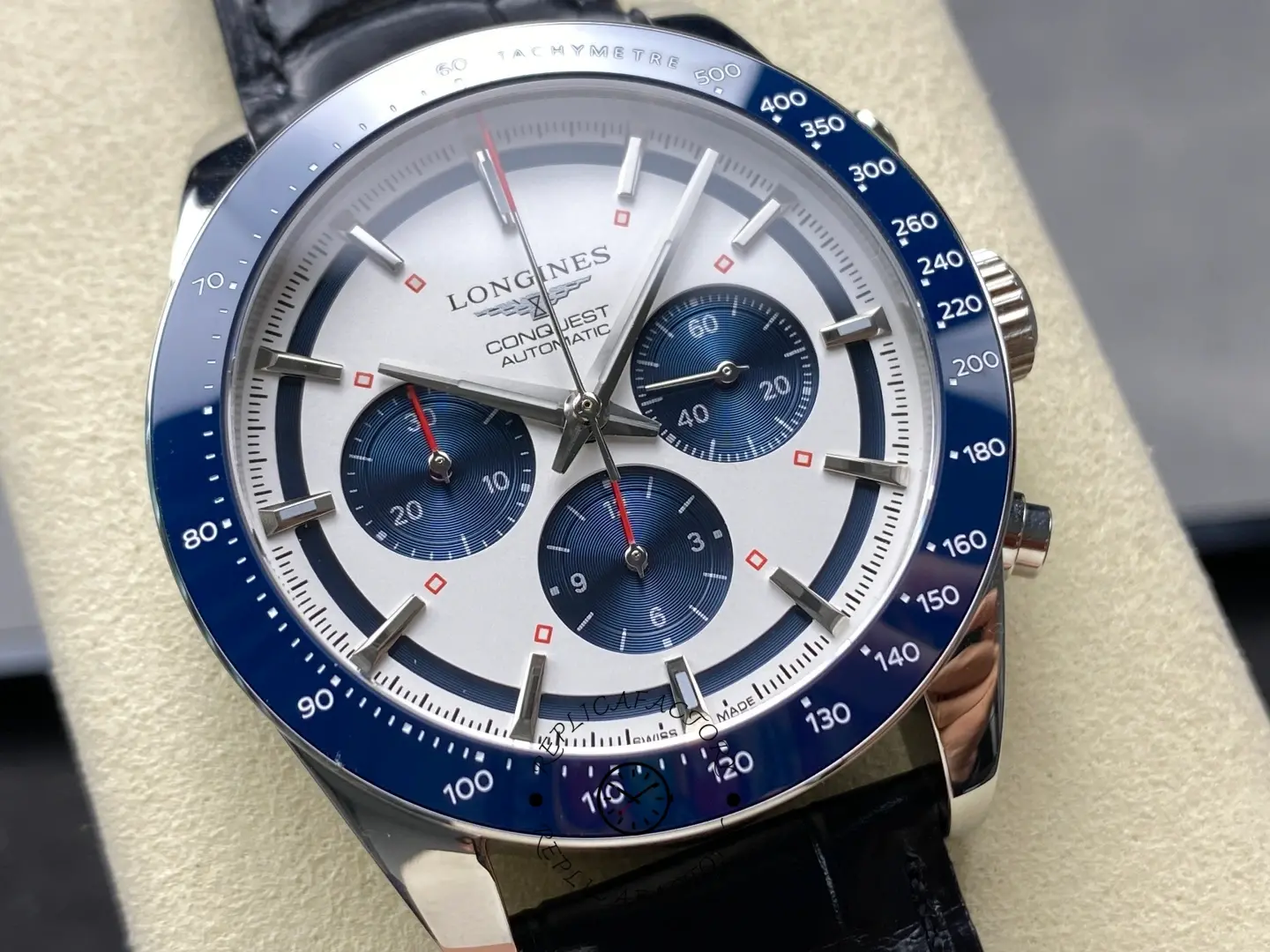 Longines L3.835.4.98.9 Conquest Leather Strap Replica Blue Bezel Chronograph