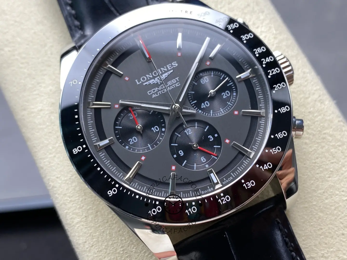 Longines L3.836.4.52.9 Conquest 42MM Gray Dial Replica Leather Strap Chronograph