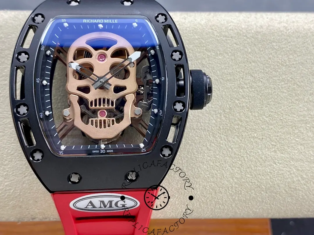 Straight-on wrist view of Richard Mille RM 052-01 highlighting rose gold skull dial details.