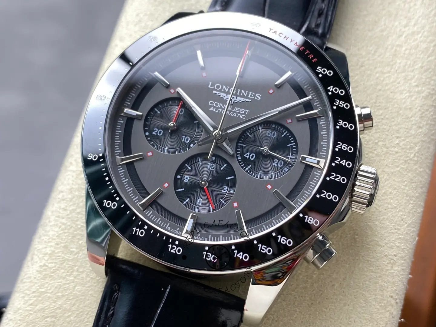 Longines L3.836.4.52.9 Conquest 42MM Gray Dial Replica Leather Strap Chronograph