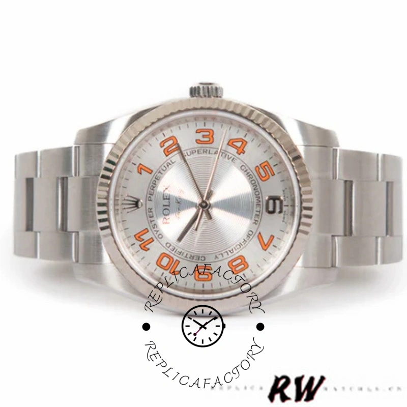 Rolex Air-King 114200 close-up, concentric silver dial with orange numerals, smooth bezel detail.