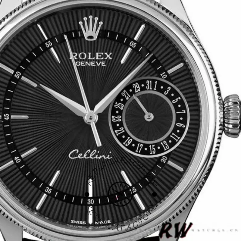Rolex Cellini Date 50519 dial close-up, black dial with date subdial, fluted bezel detail.