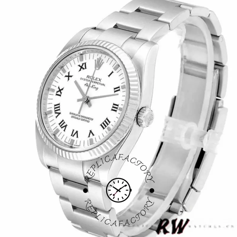 Rolex Air-King 114234, 34mm white dial with Roman numerals, stainless steel bracelet, side angle.