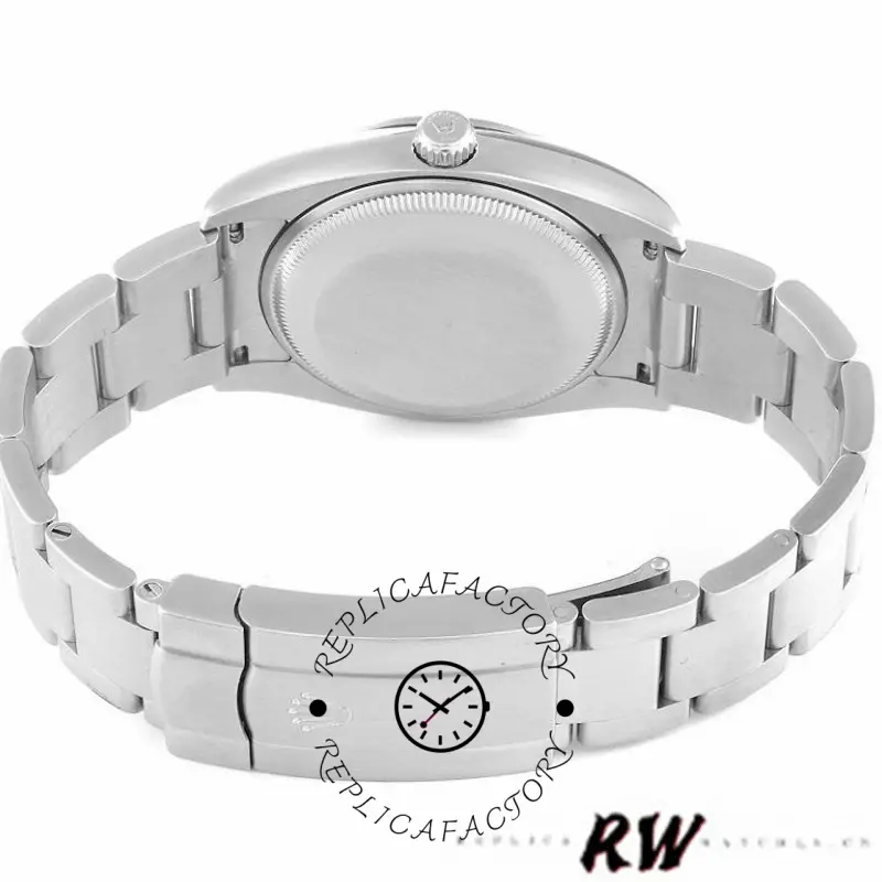 Rolex Oyster Perpetual Air-King 114210, caseback view, smooth bezel and solid steel back.