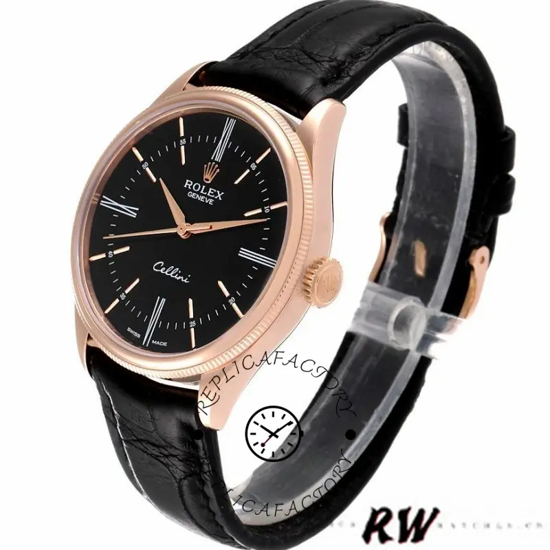 Rolex Cellini Time 50505 Black Leather Strap Black Dial 39mm Mens Replica Watch