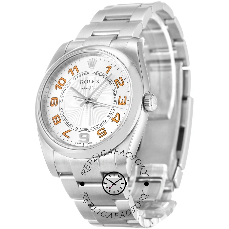 Rolex Air-King 114200, 34mm concentric silver dial, stainless steel Oyster bracelet, side angled view.