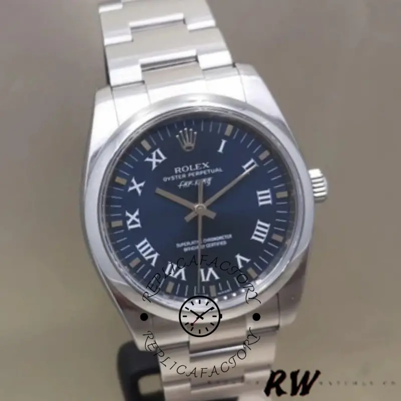 Rolex Oyster Perpetual Air-King 114200, blue dial 34mm, three-quarter view on bracelet.