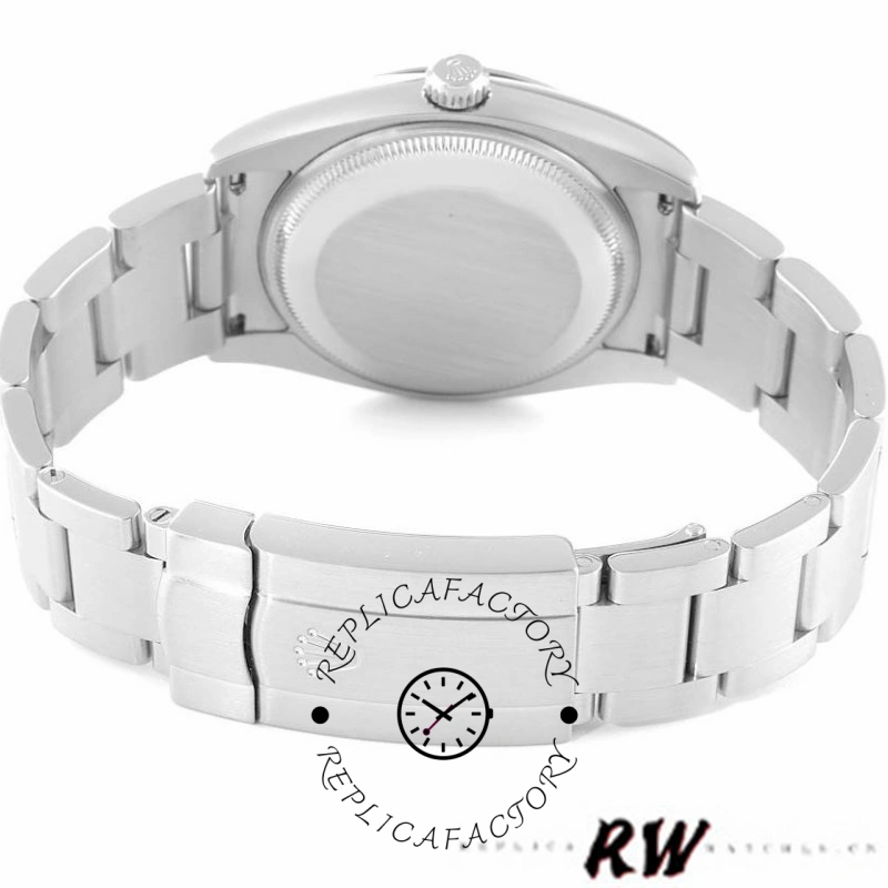 Rolex Air-King 114200 case back view, stainless steel Oyster bracelet and smooth back, rear angle.