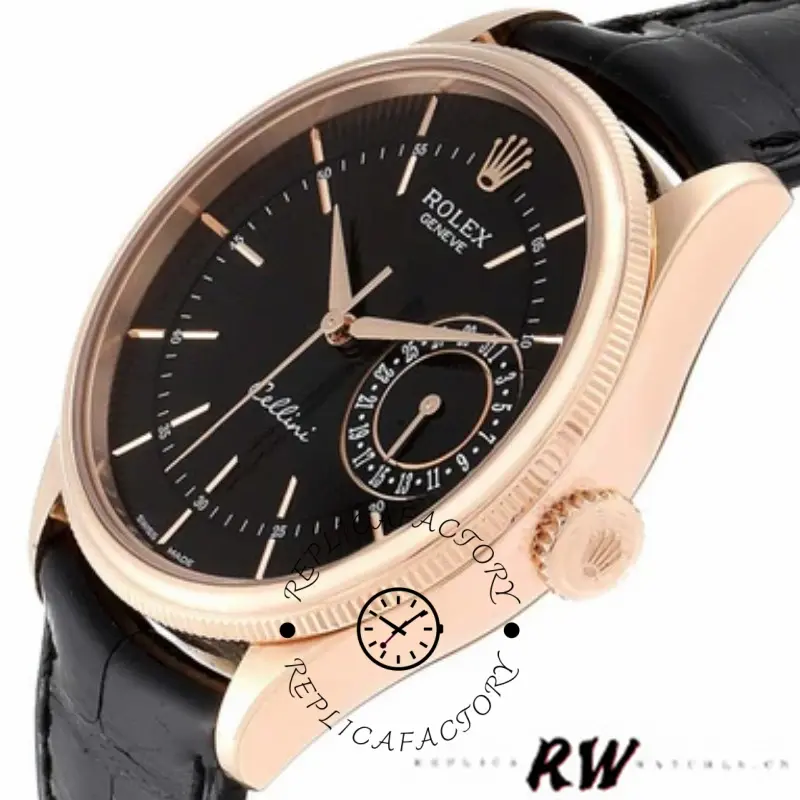 Rolex Cellini Date 50515 close-up, black index dial and subdial, rose gold bezel, front angle.