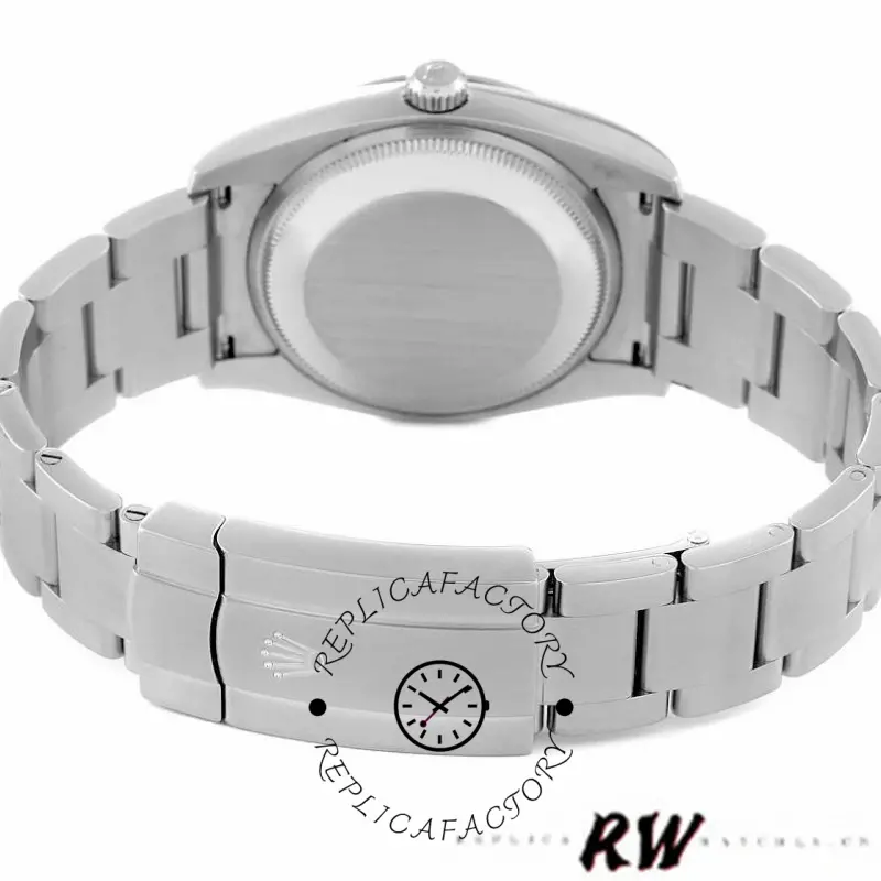 Rolex Air-King 114200 case back view, stainless steel Oyster bracelet and smooth back, rear angle.