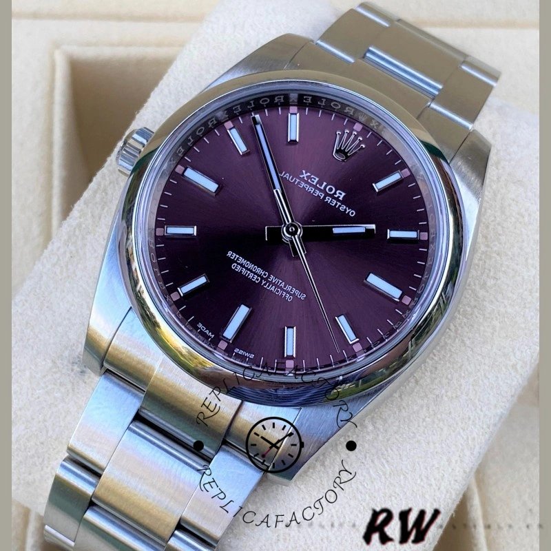 Rolex Oyster Perpetual Air-King 114200, grape red dial close-up on bracelet, angled view.