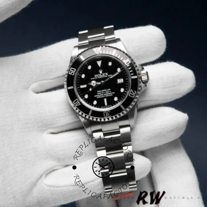 Rolex Sea-Dweller 4000 16600, on glove front view, black dial and lume markers.