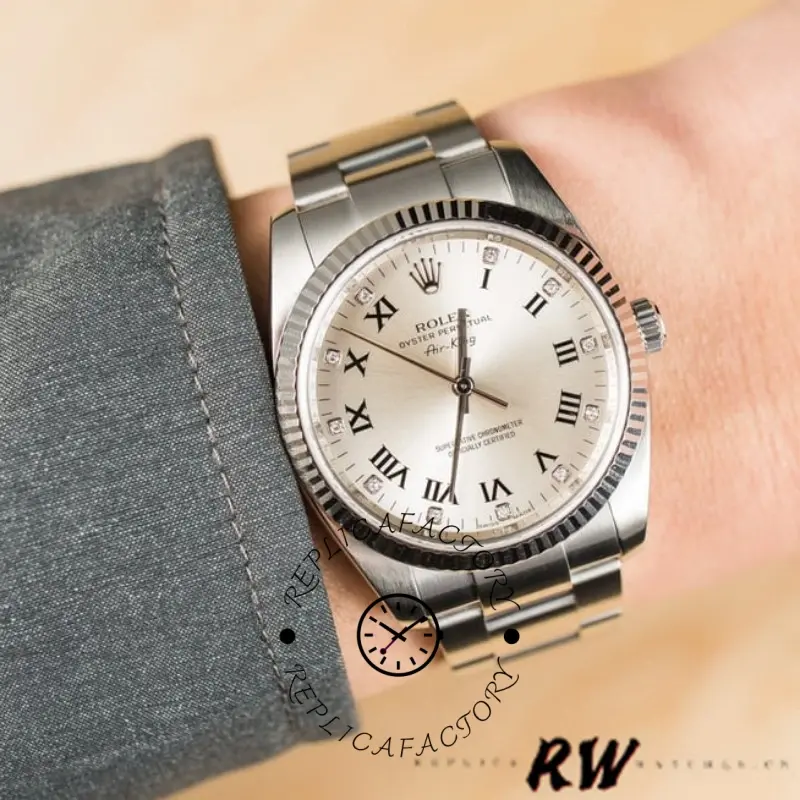Rolex Air-King 114234 on wrist, 41mm silver Roman diamond dial, stainless steel Oyster bracelet.
