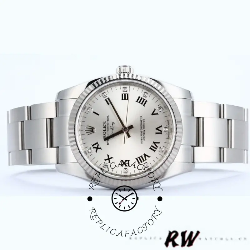 Rolex Air-King 114234, silver Roman diamond dial, stainless steel bracelet, studio front view.