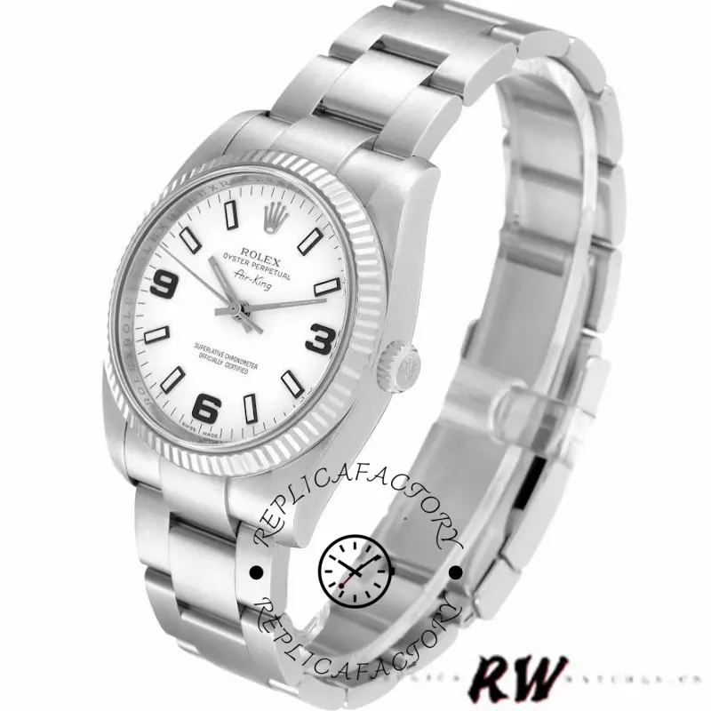 Rolex Oyster Perpetual Air-King 114234, white Arabic dial 34mm, angled view with bracelet and clasp.