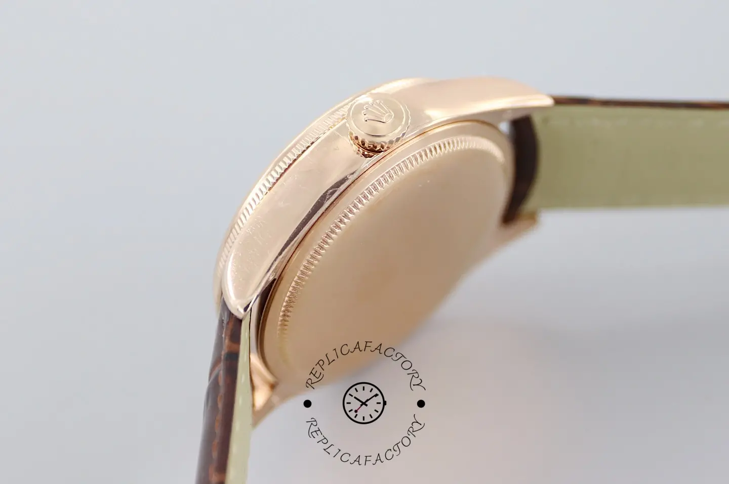 Rolex Cellini Date 50515 rear-side view, polished caseback and leather strap attachment.