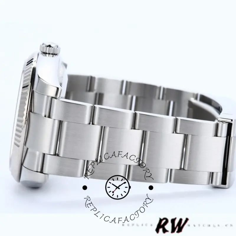Rolex Air-King 114234 bracelet side view, stainless steel Oyster links and clasp, white background.
