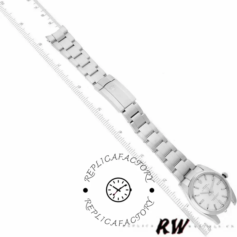 Rolex Air-King 114200 bracelet side view, stainless steel Oyster links with clasp detail, white background.