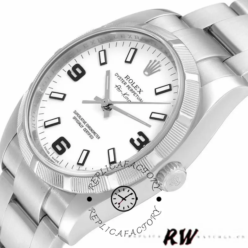 Rolex Oyster Perpetual Air-King 114210, white dial close-up, baton markers and smooth bezel.