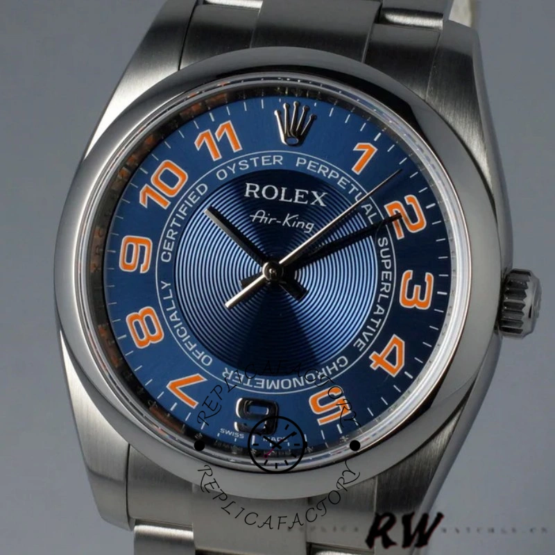 Rolex Air-King 114200, angled dial view showing bezel, orange minute track, and crown.