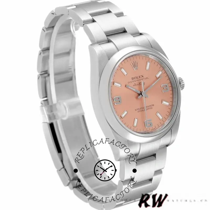 Rolex Air-King 114200, salmon dial, stainless steel Oyster bracelet, angled front view.