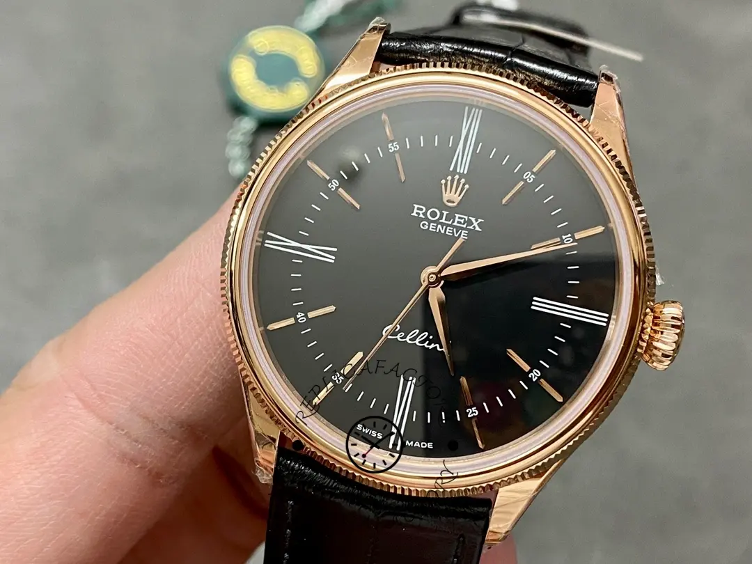 Rolex Cellini Time 50505 Black Leather Strap Black Dial 39mm Mens Replica Watch