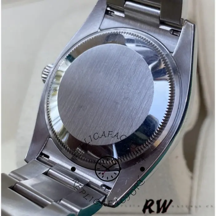 Rolex Air-King 114200 case back view, stainless steel bracelet and smooth back, opened clasp.