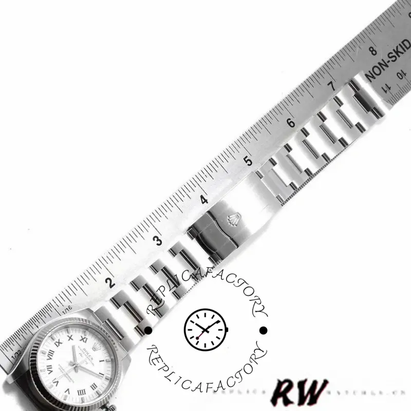 Rolex Air-King 114234 bracelet side view, stainless steel Oyster links with clasp detail, white background.