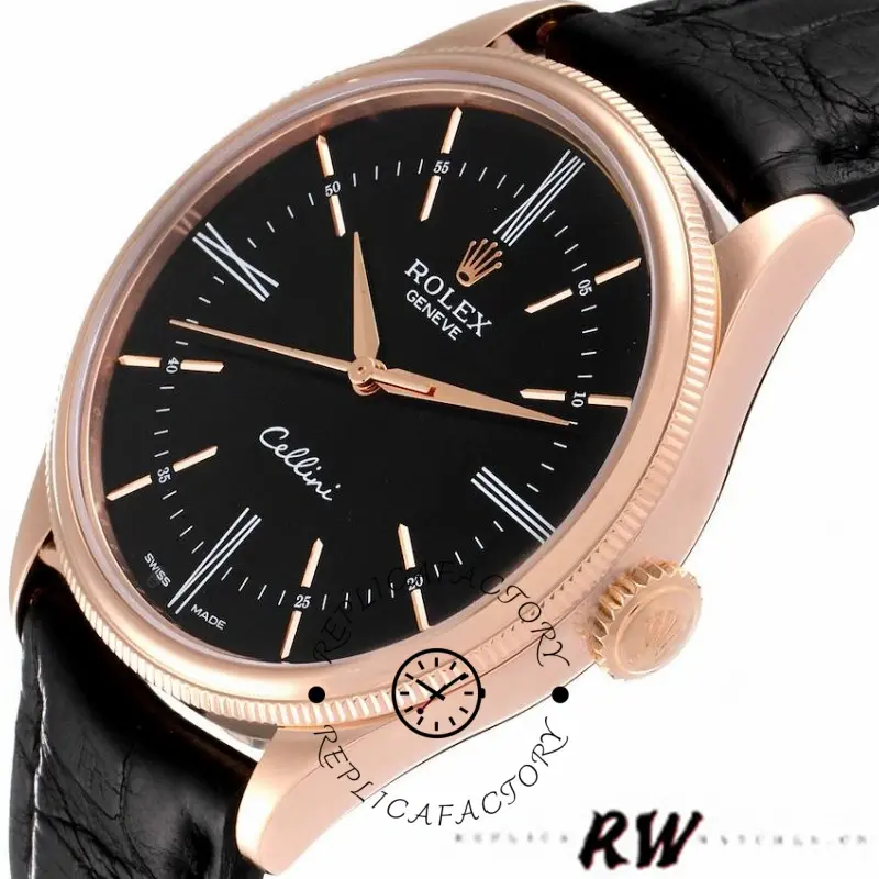 Rolex Cellini Time 50505 Black Leather Strap Black Dial 39mm Mens Replica Watch