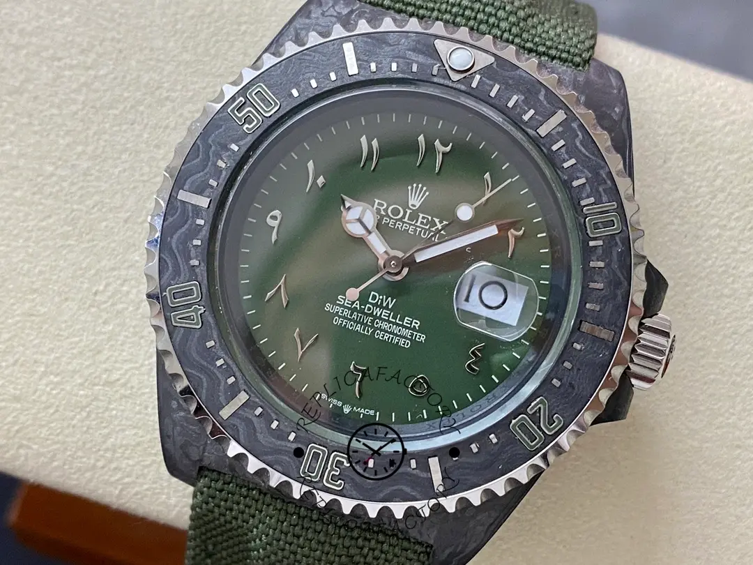 Rolex Sea-Dweller DiW Carbon HUNTER ARABIC macro front, green dial and hands, carbon bezel.