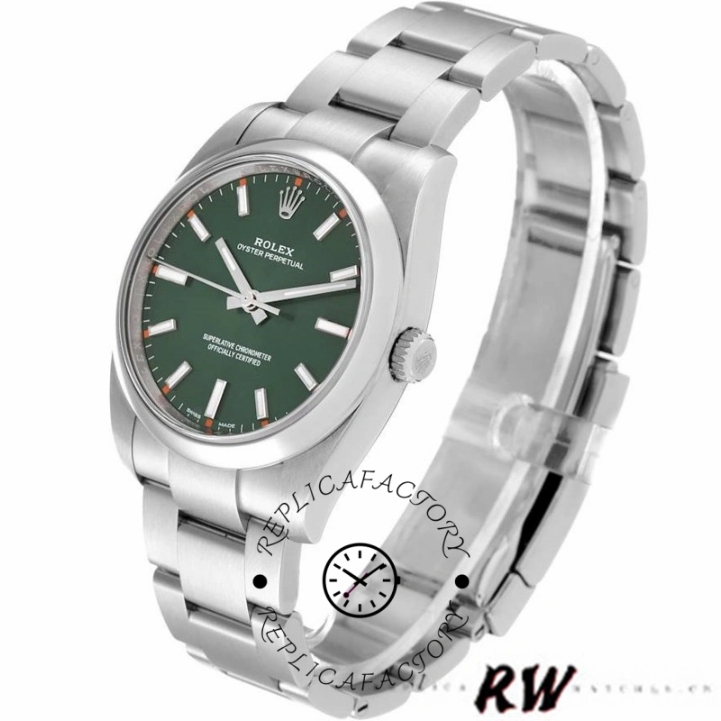 Rolex Oyster Perpetual Air-King 114200, olive green dial, side angle with Oyster bracelet.