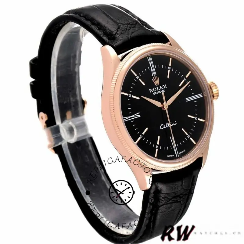 Rolex Cellini Time 50505 Black Leather Strap Black Dial 39mm Mens Replica Watch