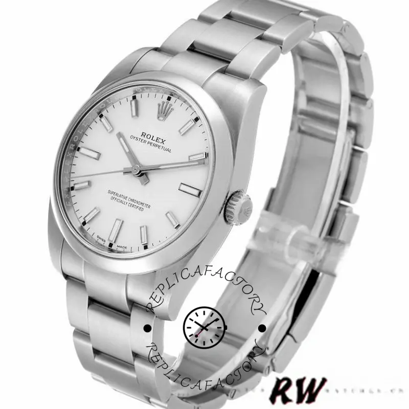 Rolex Air-King 114200, white index dial, stainless steel bracelet, side angle.