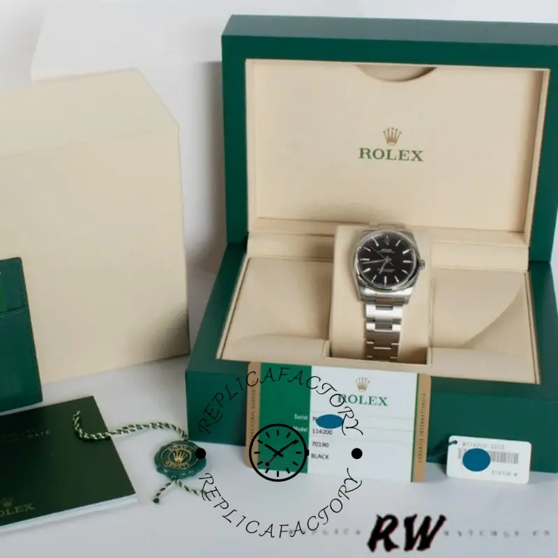 Rolex Air-King 114200, full set display with watch, box, and accessories.