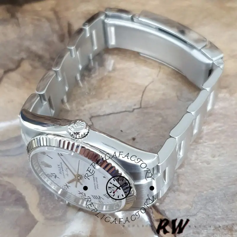 Rolex Oyster Perpetual Air-King 114234, open clasp view with bracelet and white diamond dial 34mm.