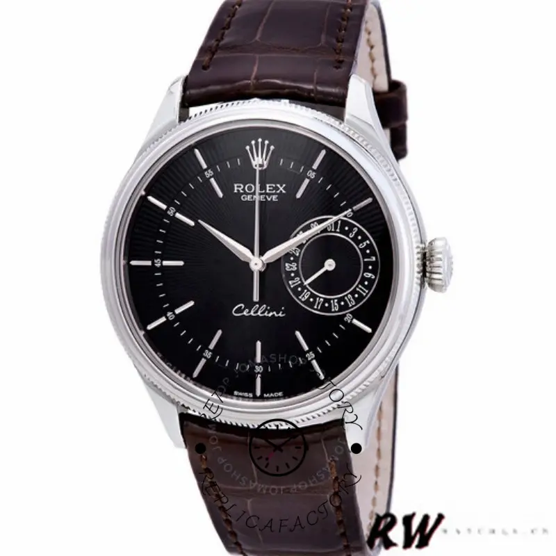 Rolex Cellini Date 50519 Brown Leather Black Dial 39mm Mens Replica Watch