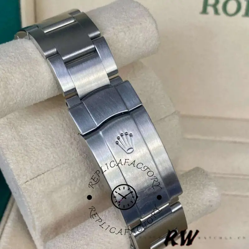 Rolex Air-King 114234 clasp close-up with engraved Rolex coronet on stainless steel bracelet.