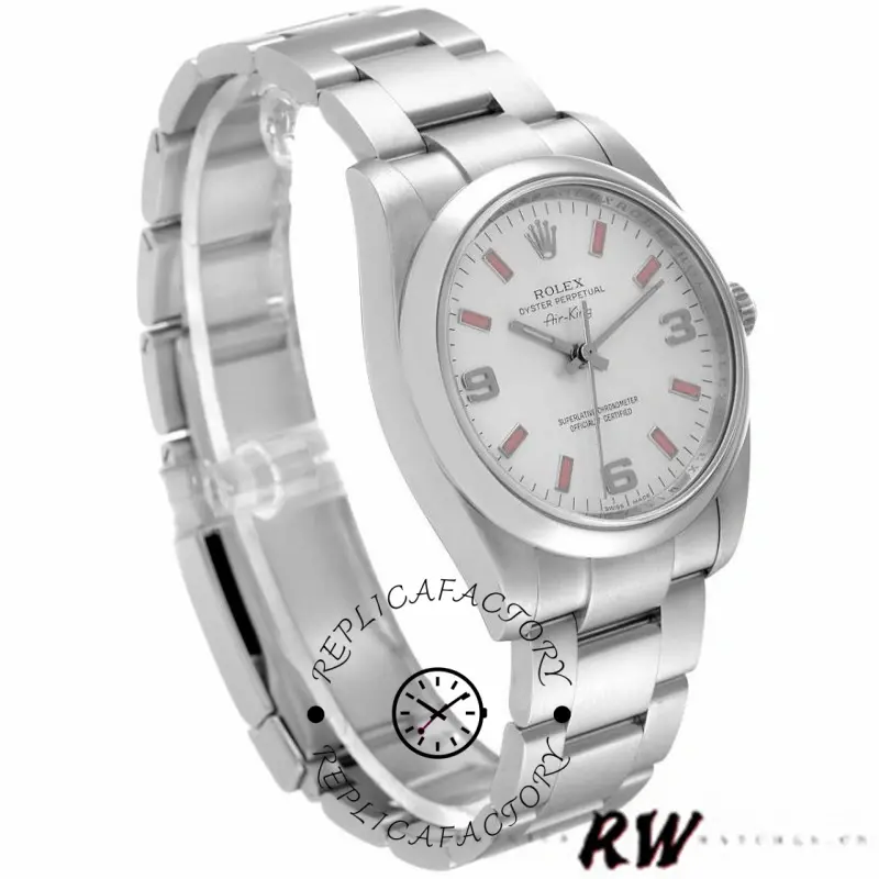 Rolex Air-King 114200, silver dial with pink batons, stainless steel Oyster bracelet, angled front view.