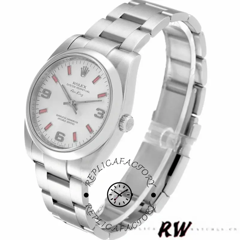 Rolex Air-King 114200, silver dial with pink baton markers, stainless steel bracelet, side angle.
