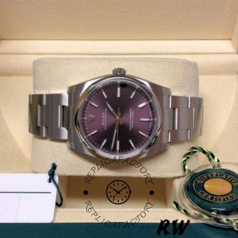 Rolex Oyster Perpetual Air-King 114200, grape red dial 34mm, full set with box and tags.