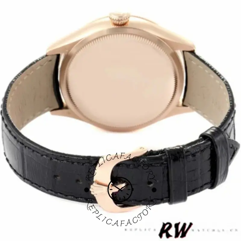 Rolex Cellini Date 50515 case back close-up, smooth rose gold back, black leather strap.