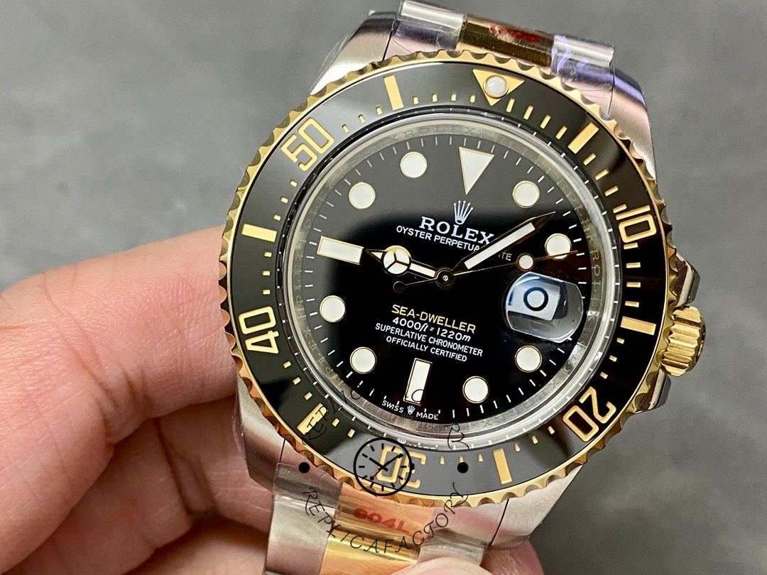 Rolex Sea-Dweller 126603 0001, wrist angle close-up showing two-tone bracelet.