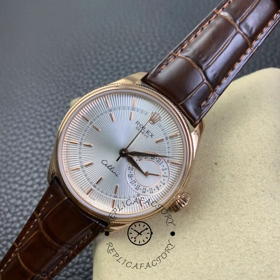 Rolex Cellini Date 50515 on cushion, tilted view showing case, dial and brown leather strap.