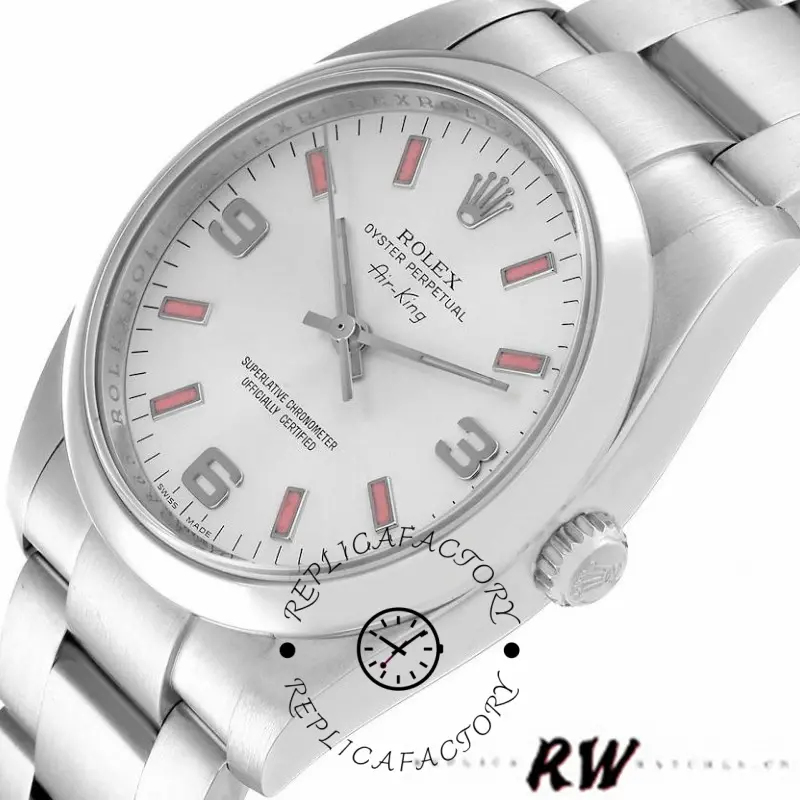 Rolex Air-King 114200 close-up, silver dial and pink baton markers, smooth bezel detail.