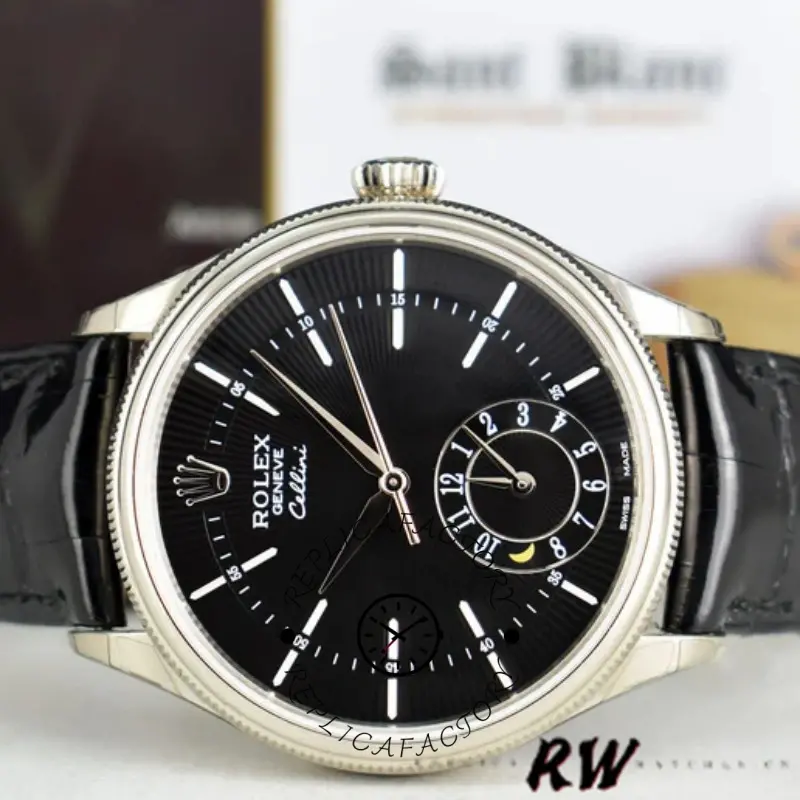 Rolex Cellini Dual Time 50529 Black Guilloche Dial 39mm Mens Replica Watch